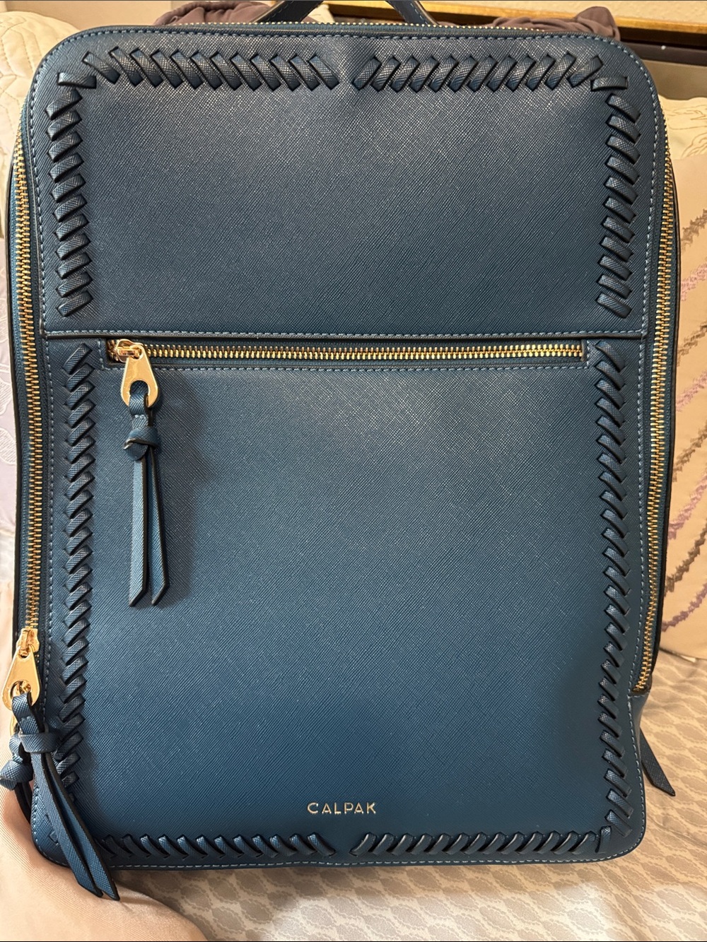 Calpak Blue Structured Tote with Whipstitch Trim